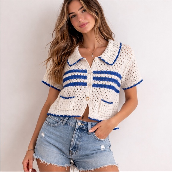Peach Love California Sweaters - Peach Love Cream Blue Crochet Knit Cardigan Top Juniors XL Coastal Cottagecore
